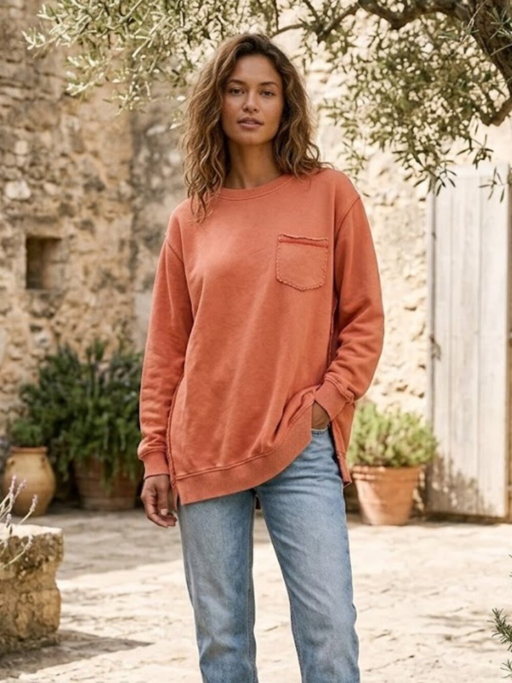 Aerie Women's Size XS Oversized Sweatshirt Coral Pink Orange Pocket Cozy Comfy